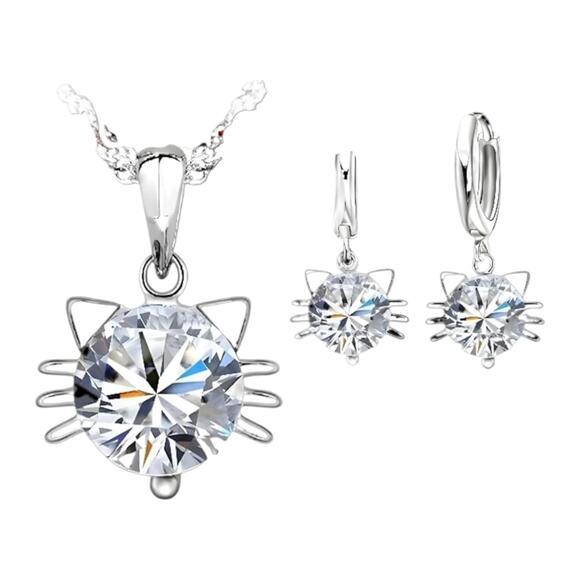 925 Sterling Silver Cat Jewelry Set – CZ Pendant Necklace & Earring - Picture 1 of 13